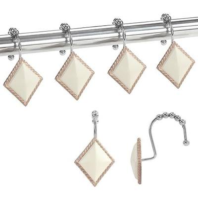 Decorative Beige Shower Hooks, 12-Pack with 5 Smooth-Glide Roller Balls, Rust-Resistant for Bathroom Bedroom Living Room Decor