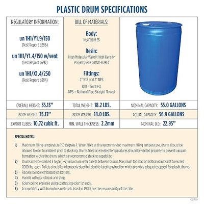 Augason Farms 55-Gallon Water Storage Barrel - BPA-Free Plastic Barrel - Emergency Water Storage Drum for Home Preparedness