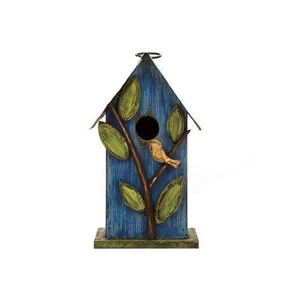 Glitzhome Bird Houses for Outside, 9.7" H Hanging Bird House for Outdoor, Patio Garden Decorative Pet Cottage Distressed Wooden Birdhouse for Bluebird Hummingbird Wren Finch Cardinals, Blue Leaves