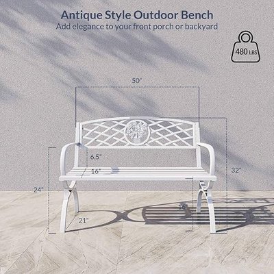 BELLEZE 50 inch Outdoor Garden Bench, Cast Iron Metal Loveseat Chairs for Park, Yard, Porch, Lawn, Balcony, Backyard, Antique Rose Accent Style Patio Seat Furniture, White