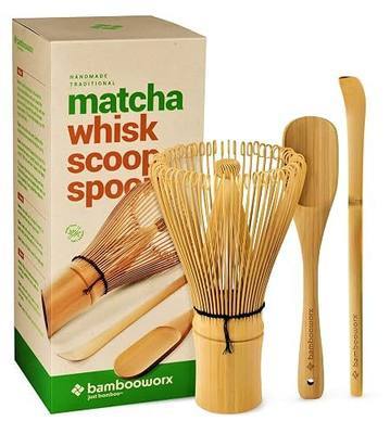 BambooWorx Matcha Whisk Set - (Chasen), Traditional Scoop (Chashaku), Tea Spoon. The Perfect Sets to Prepare a Traditional Cup of Japanese Tea, Handmade from 100% Natural Bamboo
