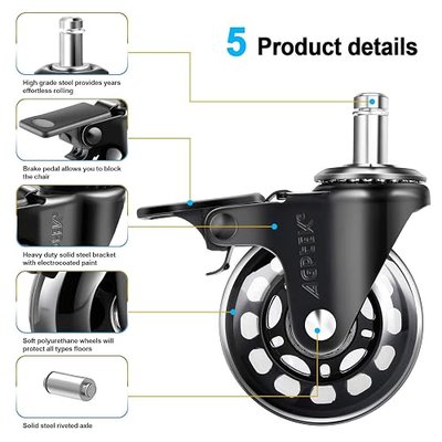 AGPtEK Locking Office Chair Casters with Brake, Heavy Duty, 2.5", Set of 5 | Universal Fit, Locking Casters with Brake and Screwdriver, Roller Wheel Replacement, for Hardwood Floors Mat Carpet Tile