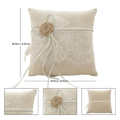 Wedding Ring Pillow, 8.2" x 8.2"-Ivory | Ring Bearer Pillow Lace & Flower Ring Cushion Bearer Pillow for Beach Wedding Party Ceremony