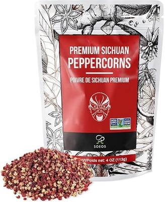 Soeos Sichuan Peppercorns, 4 Ounce(113g), Authentic Szechuan Red Peppercorn, Numbing and Tingle Effect, Less Seeds, Strong Flavor, Essential for Mapo Tofu, Kung Pao Chicken and Asine Cusine