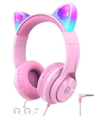 iClever Kids Headphones with Cat Ear Led Light Up, Safe Volume Limite, FunShare, Foldable, Over-Ear Headphones for Kids for School/iPad/Tablet/Travel, Meow Donut-Pink