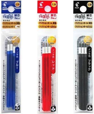 Pilot FriXion Ball Refills for 3 Gel Ink Multi Pen & Slim 038 Pen, 0.38mm, Black/Blue/Red Ink, 3 Packs (9 refills)