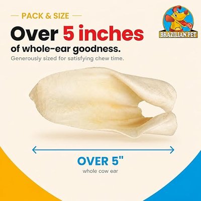 Brazilian Pet 100% Natural - Over 5 inches- Real Cow Ears Prime Dog Chews, Free Range Grass Fed Cattle (100 Count)