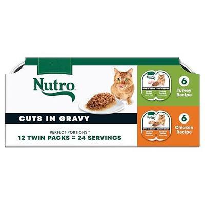 Nutro Perfect Portions Cuts Wet Cat Food, Turkey & Chicken, 2.6 oz, 12 ct | Complete & balanced for adult cats, moisture-rich, quality protein, essential nutrients, twin-pack trays, made in USA