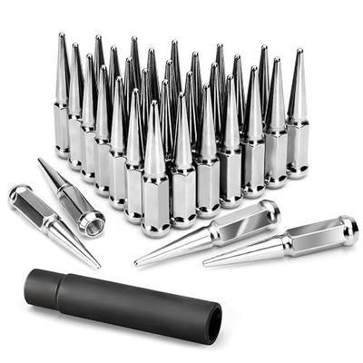KSP M14X1.5 Spike Lug Nuts, 32PCS Chrome 14mmx1.5 Wheel Spiked Lug Nut for Silverado Sierra 1500 2500 3500 F150 F250 F350, 19mm Hex Closed End Nut with 1 Socket for Aftermarket Wheel
