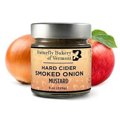 Butterfly Bakery of Vermont Hard Cider Smoked Onion Mustard, 8 oz | Vermont apple cider, smoked onion flavor, yellow and brown mustard seeds, vegan and vegetarian, sandwich spread
