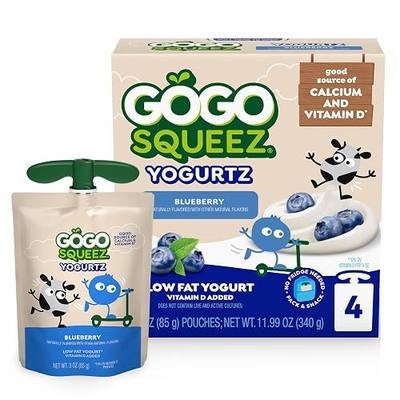 GoGo squeeZ Low Fat YogurtZ Blueberry, 3 oz Pouches (Pack of 4), Kids Snacks Made from Real Yogurt and Fruit, No Fridge Needed, Gluten Free, Nut Free, Recloseable Cap, BPA Free