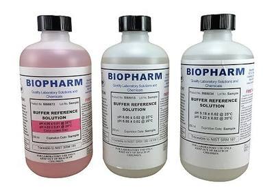 Biopharm pH Calibration Buffer 3-Pack: pH 4.00, 6.86, and 9.18; 250mL Each | NIST traceable reference standards for all pH meters. Reliable quality since 1977. Certificates available. Color coded.