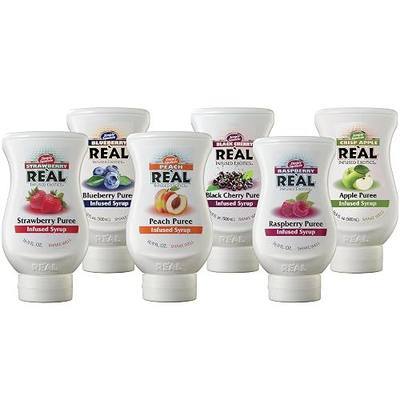 Reàl Infused Exotics Fruit Syrup Variety, 16.9 fl oz, 6 Pack | Strawberry, Raspberry, Peach, Blueberry, Black Cherry, Crisp Apple | Drink & Recipe Use, Drip-Free Spout, Easy Dispensing