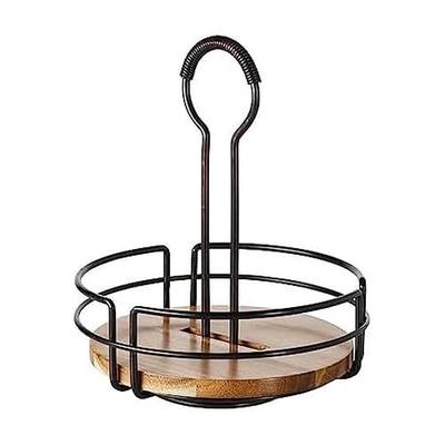 Mikasa Gourmet Basics Hanover Condiment Caddy with Rotating Caddy Organizer Design, Acacia Wood Insert - Durable, BPA-Free, Heavy-Gauge Carbon Structured Steel for Condiment Storage