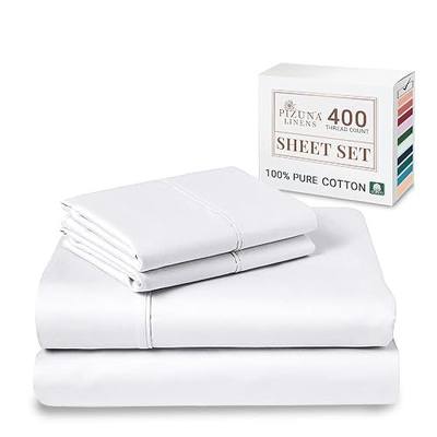 Pizuna 400 Thread Count Queen Cotton Bed Sheets Set, Long-Staple Cotton Sheet Sets Queen Size, Cooling 4 Piece Hotel Luxury Bedding Set with 15" Deep Pocket Fitted Sheet (Queen, White)