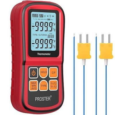 Proster Dual-Channel Thermocouple Thermometer K/J/T/E/R/S/N Type w/2 Probes | Temperature Meter T1+T2 Display Supports K/J/T/E/R/S/N Type Backlit LCD MAX/MIN/AVG Data Hold Auto-off with 2K-Type Probes