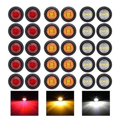 Pack of 30 3/4 Inch Mini Round 10 Amber + 10 Red + 10 White 3 LED Trailer Side Marker Button Lights Clearance Signal Lamp Boat Lorry Truck Pickup Bus 12V DC