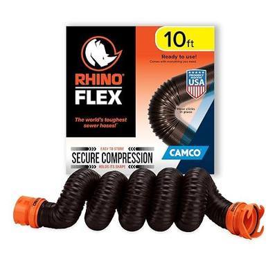 Camco RhinoFLEX 10-foot RV Sewer Hose Extension - Features Collapsible Design for RV Storage - Includes Pre-Attached Lug & Bayonet Fitting -Heavy Duty Polyolefin & Reinforced w/Steel Wire (39774)