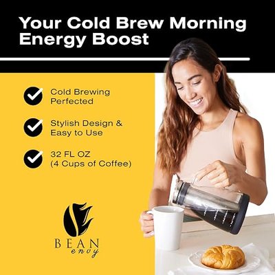 Bean Envy Cold Brew Coffee Maker - 32 oz Glass Coffee Cold Brew Maker and Pitcher w/Silicone Cap & Base | BPA-Free Borosilicate, Stainless Steel Filter, Dishwasher Safe, Airtight Seal, Iced Tea Brewer, Silicone Base