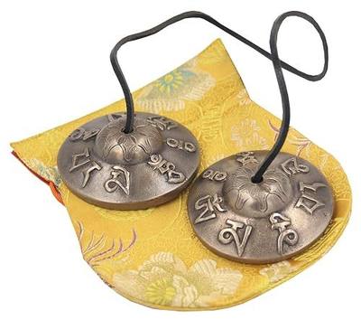 DharmaObjects Large Tibetan Premium Quality "Om Mani Padme Hum" Tingsha Cymbals 3" With Pouch