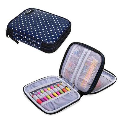 Damero Crochet Hook Case Organizer Empty, Medium, Blue Dots | Crochet Hook Holder Zipper Bag with Web Pockets for Crochet Needles and Knitting Accessories, Lightweight, Easy to Carry