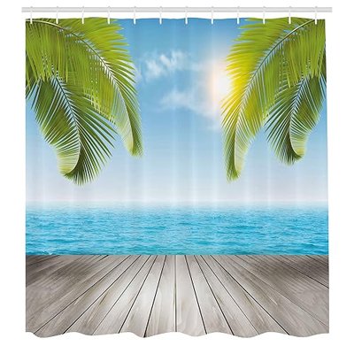 Ambesonne Beach Shower Curtain, Tropical Exotic Seashore with Palm Trees Sunny Day Summertime Vacation Theme, Cloth Fabric Bathroom Decor Set with Hooks, 69" W x 70" L, Aqua Green Grey