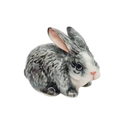 WitnyStore Tiny 1¼" High Grey Crouching Rabbit Figurine - Miniature Hand Made Painted Ceramic Cute Bunny Cottontail Rabbits Leporidae Wildlife Animal Porcelain Decorative Collectible Figure Décor Gift