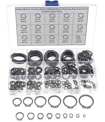 290PCS 15 Sizes Metric External C-Clip Retaining Ring Assortment Kit | Black Phosphate Carbon Steel Circlip Snap Rings for 4mm-28mm Shafts with Storage Box