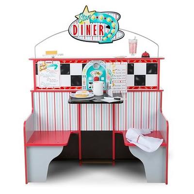 Melissa & Doug Double-Sided Wooden Star Diner Restaurant Play Space | Wooden Diner Booth and Pretend Play Kitchen Set, Oven, Fridge, Drink Dispenser, Jukebox, Preschool Toys for Kids, Ages 3+