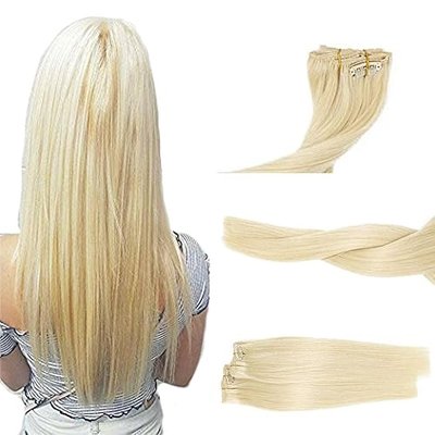 PolestarHair 70 Gram Clip in Hair Extensions Real Human Hair Extensions Blonde Color 7 Pieces Silky Straight Weft Remy Virgin Hair (20inches, 60)