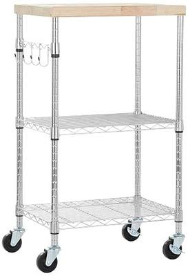 Amazon Basics Portable Kitchen 3-Tier Storage Rack on Caster Wheels with Adjustable 2 Shelves, 175 Pound Capacity, 21 x 15 x 36.7 inches (LxWxH), Wood/Chrome
