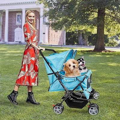 Double Pet Stroller, Foldable Double Dog Stroller for 2 Dogs Cats with 4 Wheels, Twin Walk Jogger Travel Pet Carriage Cart with Storage, Blue