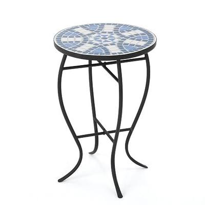 Christopher Knight Home Han Outdoor Ceramic Tile Side Table with Iron Frame, Blue / White