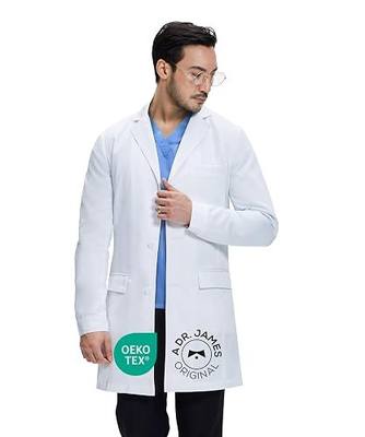 Dr. James Men’s Lab Coat – White Medical Coat, Slim Tailored Fit, Consultation Length 36”, OEKO-TEX® Certified