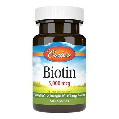 Carlson Biotin, 5000 mcg, Healthy Hair, Strong Nails, 50 Capsules