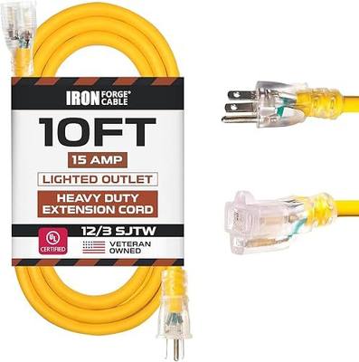Iron Forge Cable 12 Gauge Heavy Duty Extension Cord, 10 Ft - Yellow SJTW | 12/3 Outdoor Cable, Lighted Locking End, 3 Prong Grounded Plug, 15 Amp, Weatherproof - For Job Sites, Garages, Appliances, RV