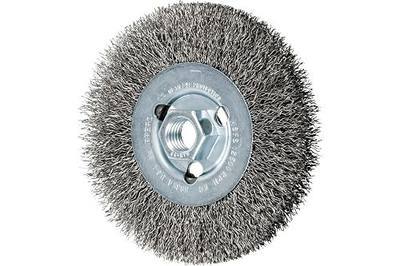 PFERD Crimped Wheel Brush, Stainless Steel Wire, 4-1/2" Diameter, 5/8-11 Thread, 0.014 Wire Size, 15/16" Trim Length, 1/2" Face Width, 12500 max RPM - Part 80354