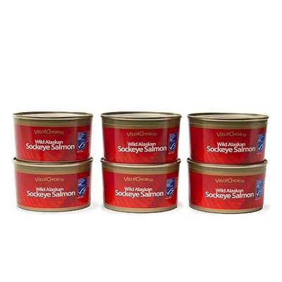 Vital Choice Msc Wild Alaskan Sockeye Salmon, Wild Caught Salmon, Edible Skin & Bones, Sustainably Caught Tinned Fish, Canned Salmon, Omega 3S, Vitamin D3, Certified Kosher, 7.5-Oz Cans, 6 Pack