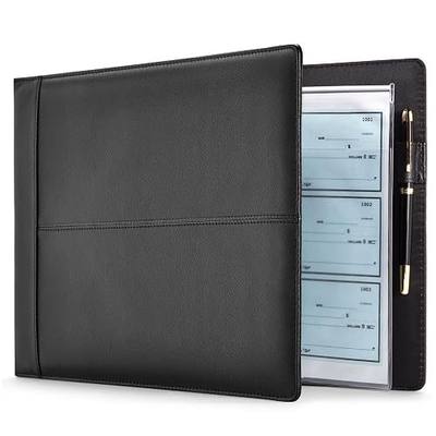 Juvale Check Binder - Black Faux Leather, 7-Ring, 14 x 10 in, Fits 600 Checks - Business Checkbook Binder & Cover with Pen Loop, Checkbook Holder & Organizer for Personal & Corporate Use