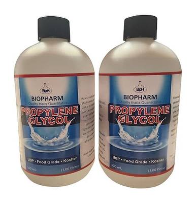 Biopharm Propylene Glycol, 500 mL (1.06 Pint) Each 2-Pack. USP, Food Grade | Twin 16.9 fl oz Bottles With Easy-Dispense Caps. Undiluted, No Additives. Use As Humectant, Antifreeze, Cosmetic Base & More