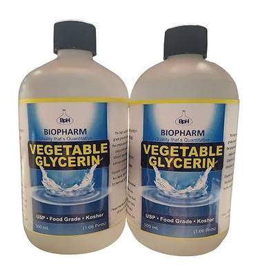 Biopharm Vegetable Glycerin 2-Pack, 500mL (1.06 Pint) Each. USP, Food Grade | AKA Glycerine, Glycerol. Twin 16.9 fl oz Bottles With Easy-Dispense Caps. Undiluted, No Additives. Uses As Moisturizer & More
