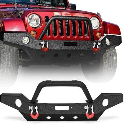 LEDKINGDOMUS Full Width Front Bumper Compatible with 07-18 Jeep Wrangler JK and JK Unlimited Rock Crawler With Fog Lights Hole, Winch Plate Black Textured | LEDKINGDOMUS Full Width Off Road Guard for for 4-Door & 2-Door, w/ Winch Plate
