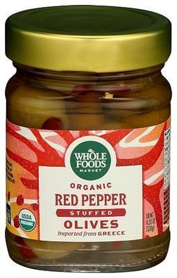 Whole Foods Market, Organic Red Pepper Stuffed Olives, 4.23 Ounce
