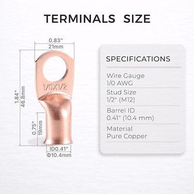 1/0 AWG (0 Gauge) 1/2″ (M12) Copper Ring Terminals, 10 Pcs Heavy Duty Battery Cable Lugs for High-Current Battery, Car Audio, Inverter & Power Systems