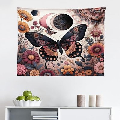 Ambesonne Boho Tapestry, Witchy Floral Garden Scene Moon and Butterfly with Mandala Ornaments Spring, Fabric Wall Hanging Decor for Bedroom Living Room Dorm, 28" X 23", Blush Dark Slate Blue