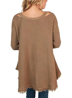 Sidefeel Women V Neck Cold Shoulder Sleeves Sweater Knitted Pullover Large Brown