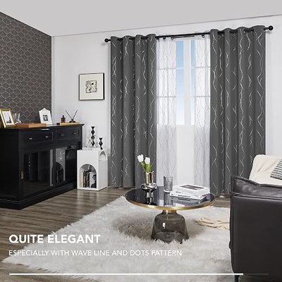 Deconovo Blackout Curtains, Light Grey Thermal Grommet Drapes, Silver Wave Dots Foil Print, Thermal Window Panels, 52" W x 84" L, 2 Panels, for Bedroom Living Room Nursery Office