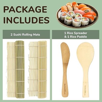 Sushi Making Kit, Green Bamboo Sushi Roller Mat, Natural Bamboo Sushi Mat, Rice Paddle, Spreader