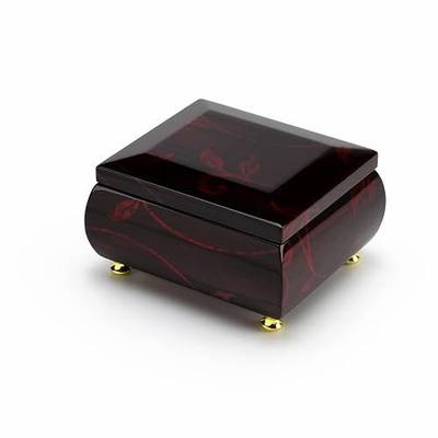 MusicBoxAttic - Burgundy Beveled Top Wooden Music Jewelry Box Musical Jewelry Box with Artistic Floral Motif - 18-Note Mechanical Movement - 5" L x 4.5" W x 2.5" H (You are My Sunshine)