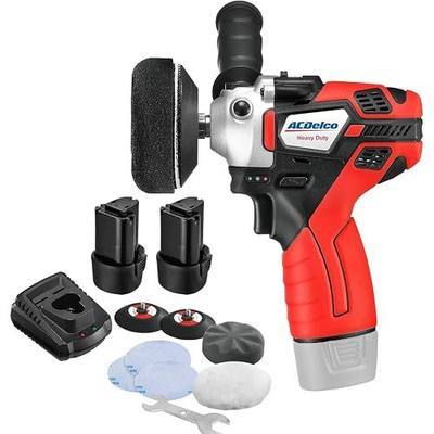 ACDelco Mini Cordless Polisher Tool Set 2 Speed 12V 3” Pad, Set with 2 Li-ion Batteries, Charger, and Accessory Kit, G12 Series ARS1214,Red